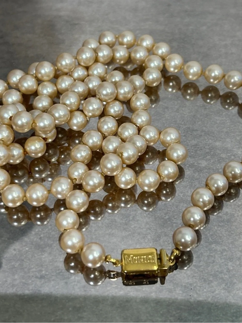Vintage Monet 34” Faux Pearl Necklace Signed Gold Tone Clasp